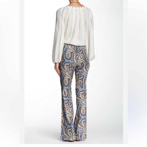Free People Paradise Printed Flared Linen Blend Pant Blue Combo - Picture 3 of 6